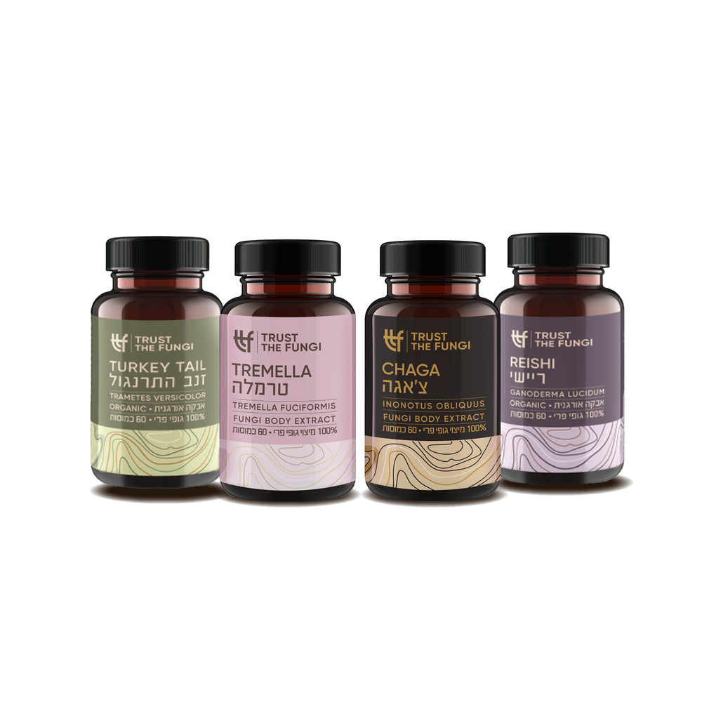 מארז חוסן משפחתי - צ'אגה +  ריישי  + זנב התרנגול + טרמלה - מיצוי 100% פטריות בשיטת FBE